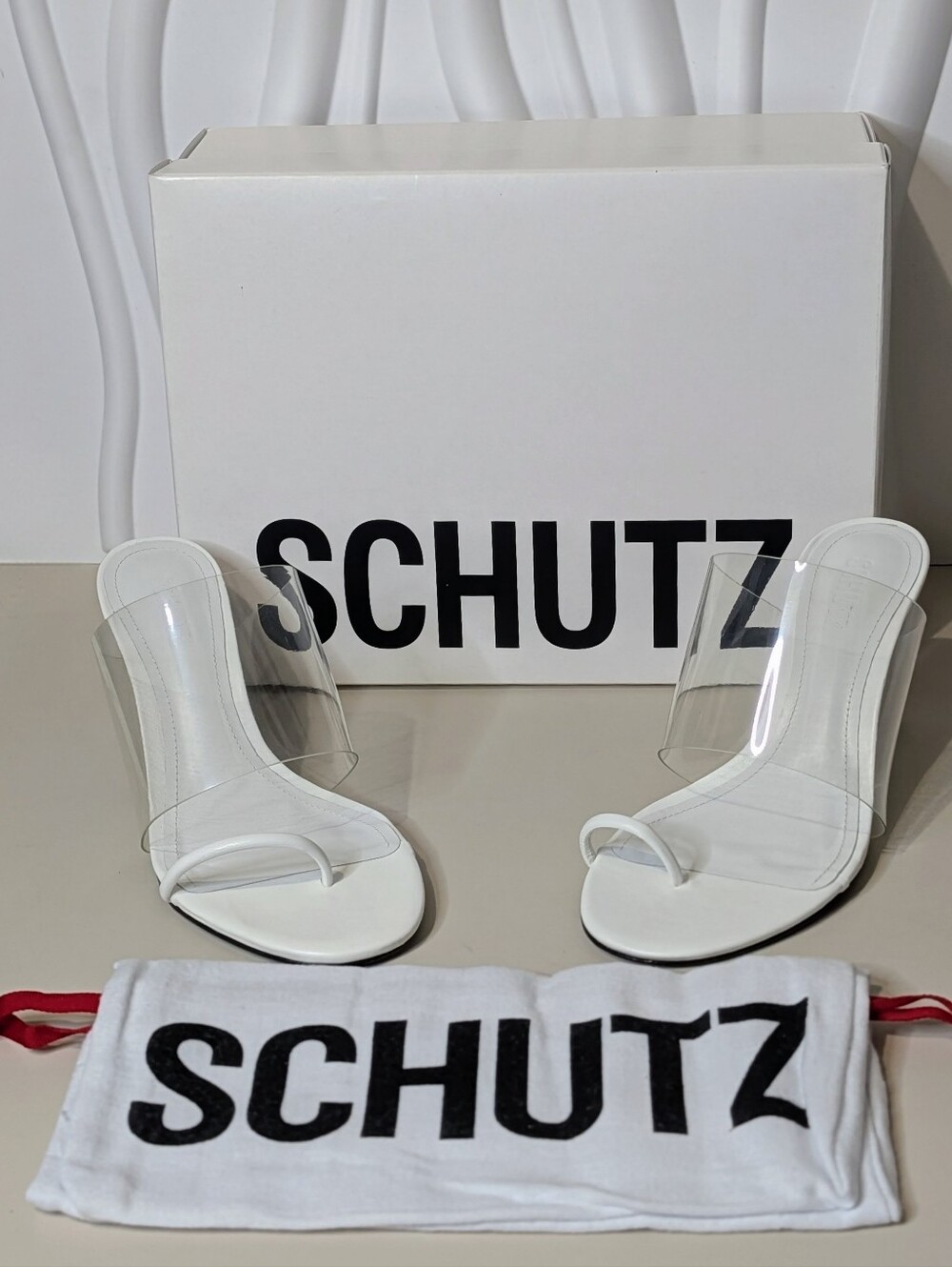 Schutz Astra White Clear PVC Toe Loop Stiletto Mules 7.5